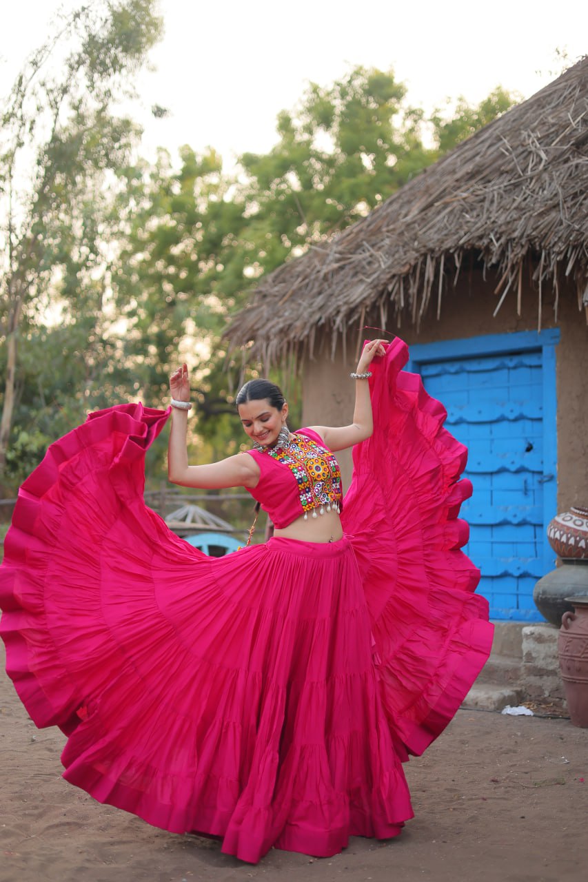 Pink Traditional Reyon Lehenga Set with Embroidered Blouse and Koti