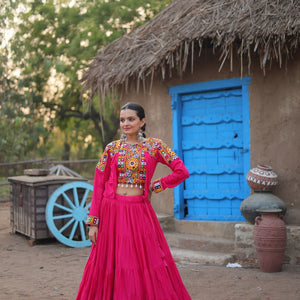 Pink Traditional Reyon Lehenga Set with Embroidered Blouse and Koti