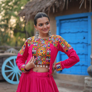 Pink Traditional Reyon Lehenga Set with Embroidered Blouse and Koti