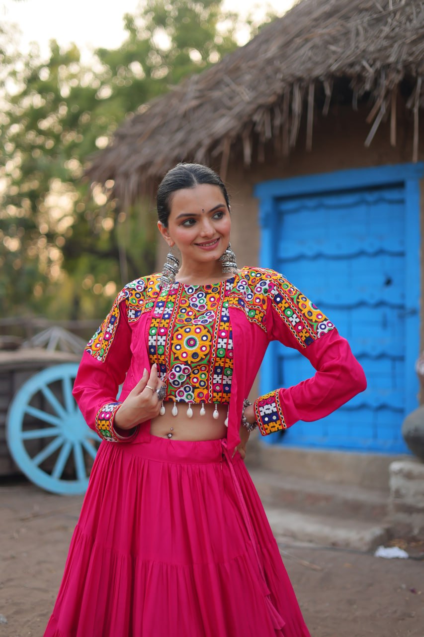Pink Traditional Reyon Lehenga Set with Embroidered Blouse and Koti