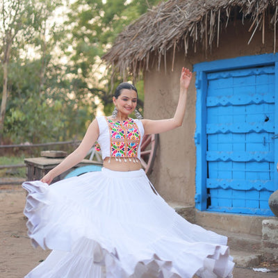 White Traditional Reyon Lehenga Set with Embroidered Blouse and Koti