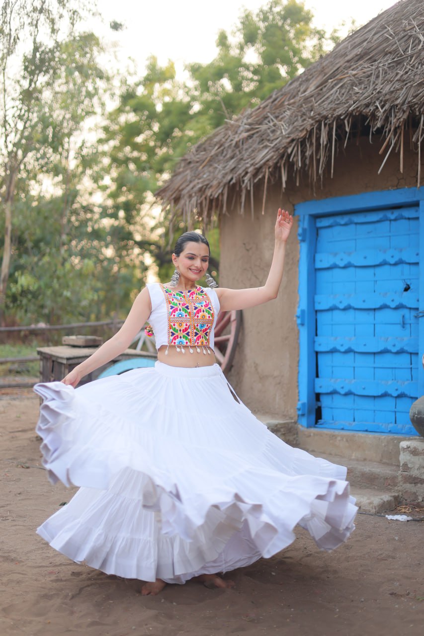 White Traditional Reyon Lehenga Set with Embroidered Blouse and Koti