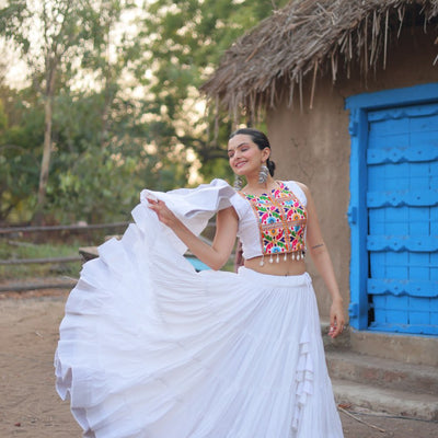 White Traditional Reyon Lehenga Set with Embroidered Blouse and Koti