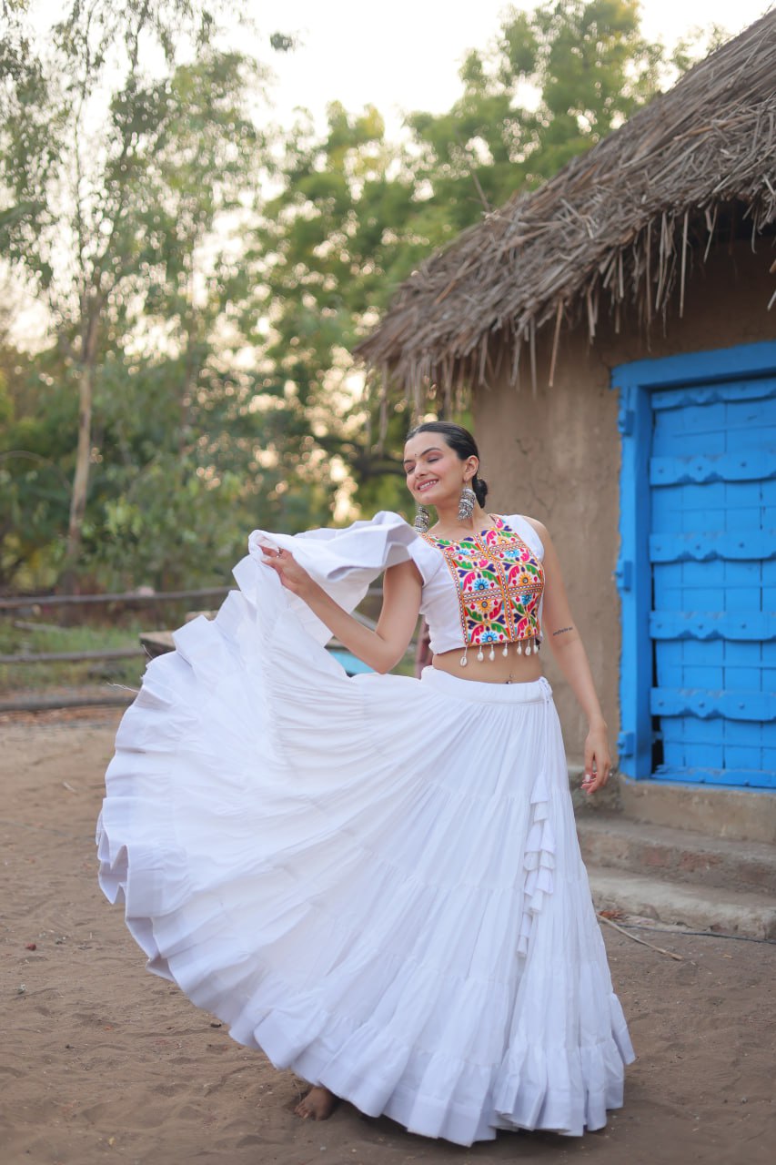 White Traditional Reyon Lehenga Set with Embroidered Blouse and Koti