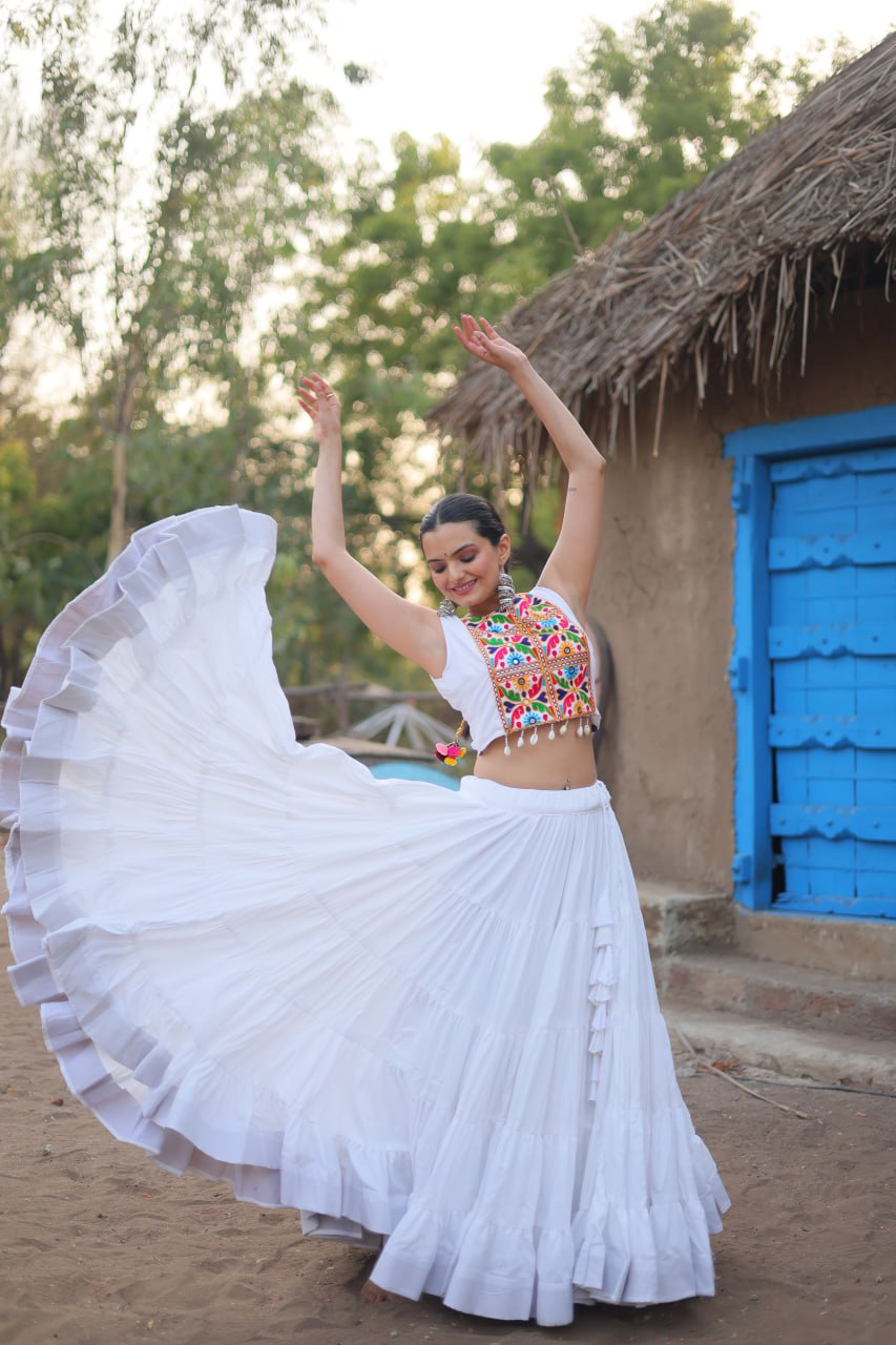 White Traditional Reyon Lehenga Set with Embroidered Blouse and Koti
