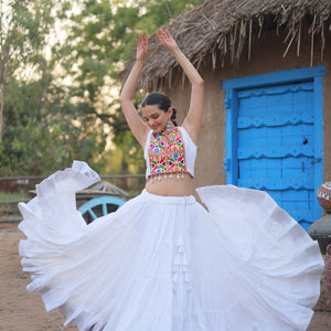 White Traditional Reyon Lehenga Set with Embroidered Blouse and Koti