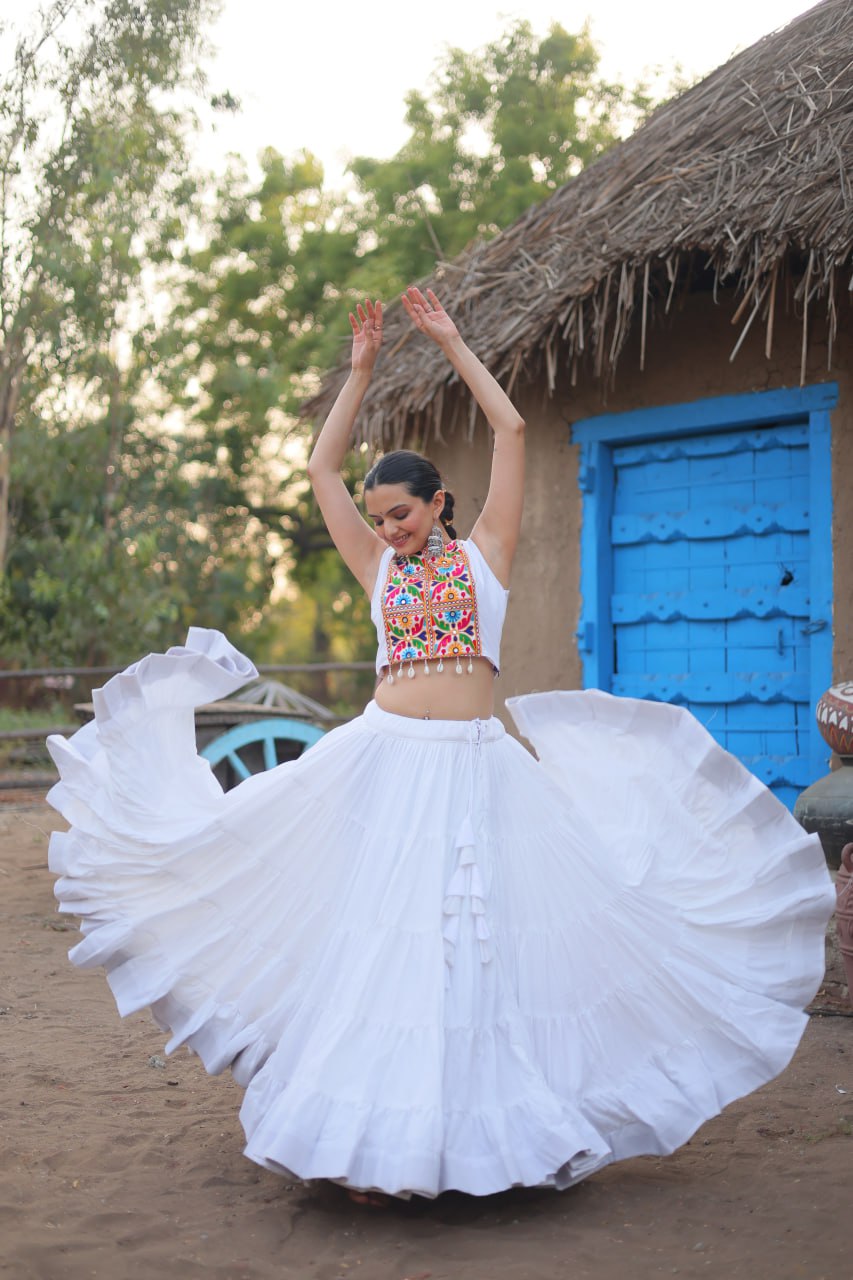 White Traditional Reyon Lehenga Set with Embroidered Blouse and Koti