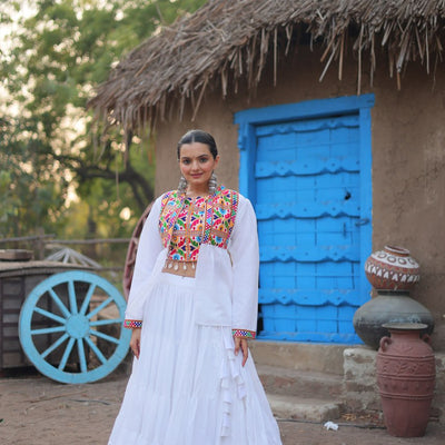 White Traditional Reyon Lehenga Set with Embroidered Blouse and Koti