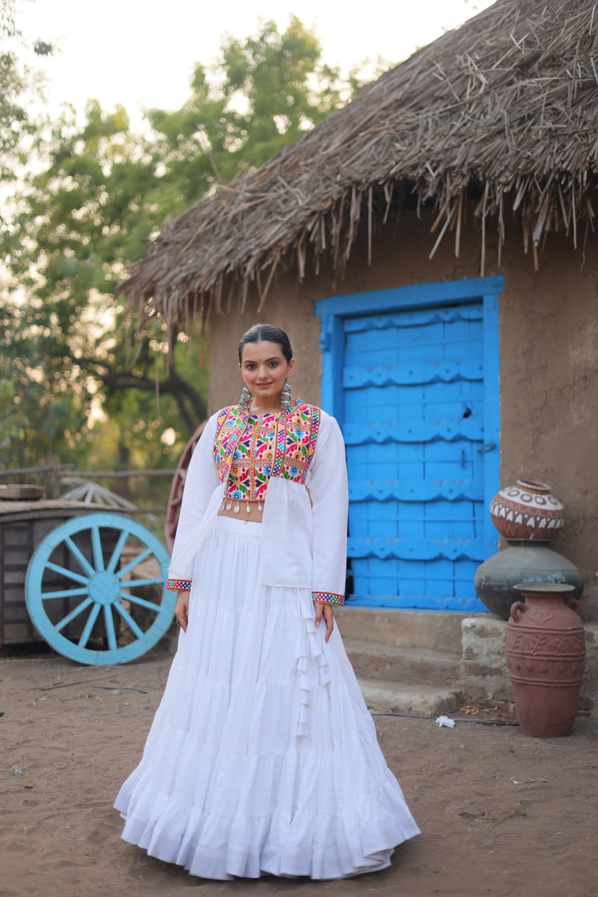 White Traditional Reyon Lehenga Set with Embroidered Blouse and Koti