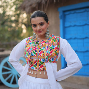 White Traditional Reyon Lehenga Set with Embroidered Blouse and Koti