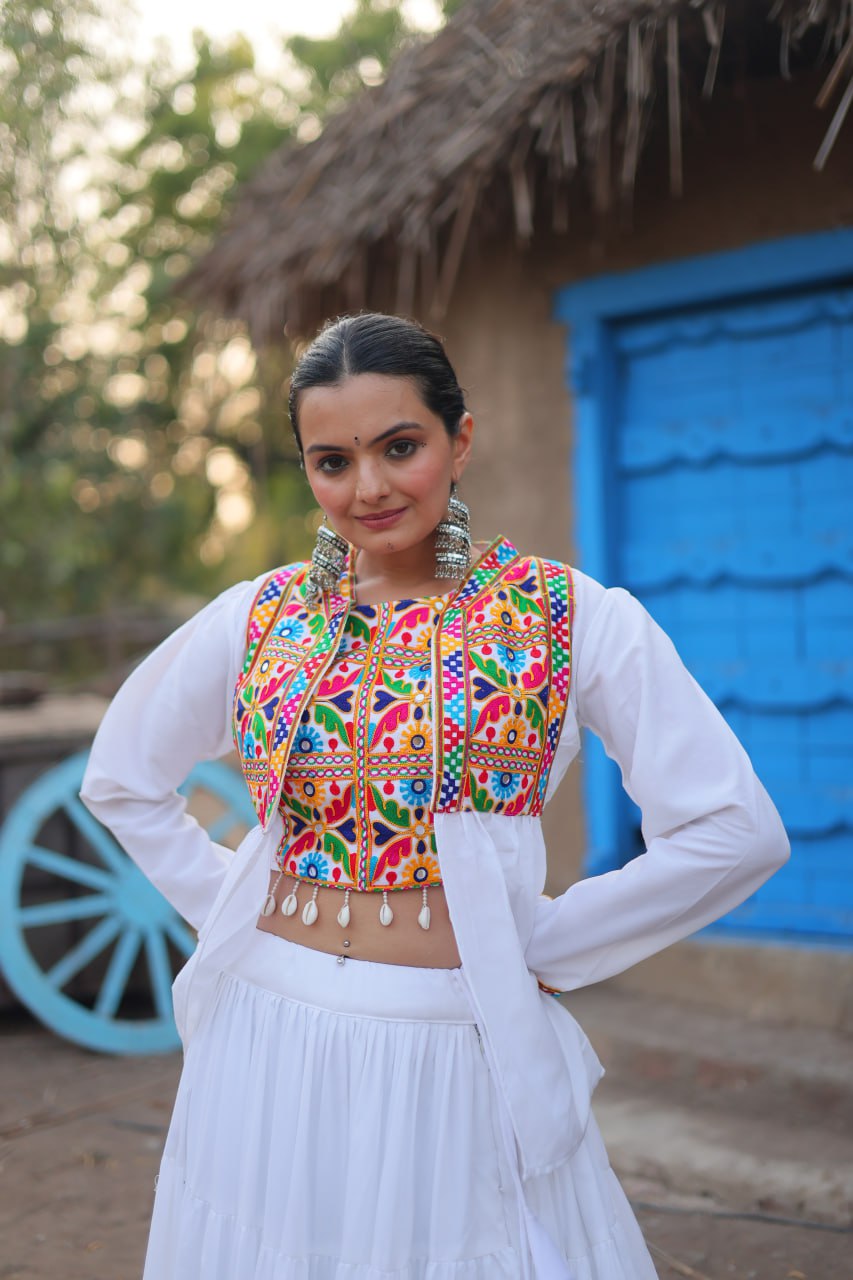 White Traditional Reyon Lehenga Set with Embroidered Blouse and Koti