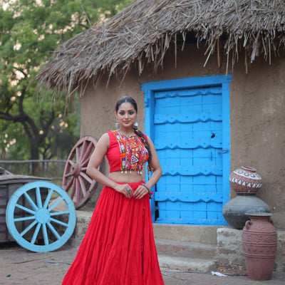 Red Traditional Reyon Lehenga Set with Embroidered Blouse and Koti