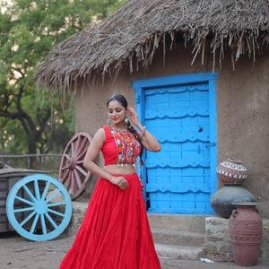 Red Traditional Reyon Lehenga Set with Embroidered Blouse and Koti