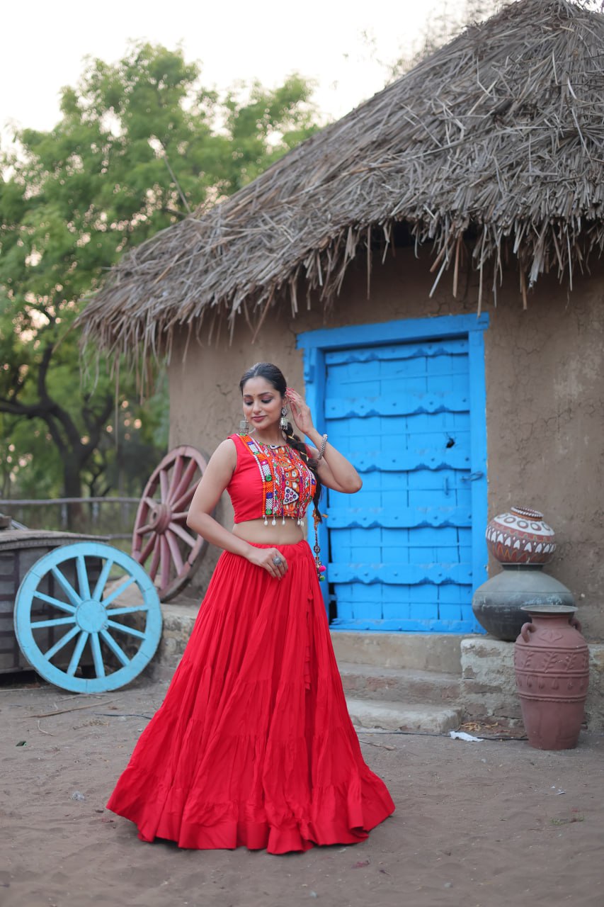 Red Traditional Reyon Lehenga Set with Embroidered Blouse and Koti