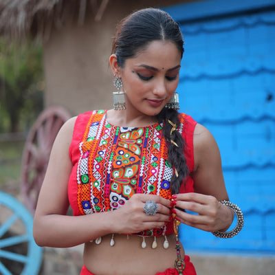 Red Traditional Reyon Lehenga Set with Embroidered Blouse and Koti