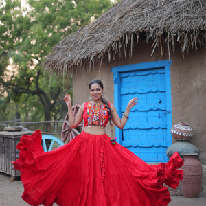 Red Traditional Reyon Lehenga Set with Embroidered Blouse and Koti