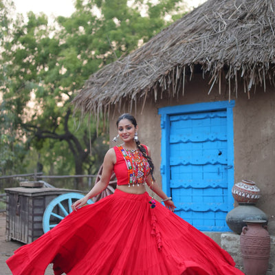 Red Traditional Reyon Lehenga Set with Embroidered Blouse and Koti