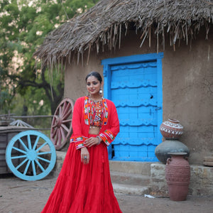 Red Traditional Reyon Lehenga Set with Embroidered Blouse and Koti