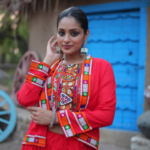 Red Traditional Reyon Lehenga Set with Embroidered Blouse and Koti