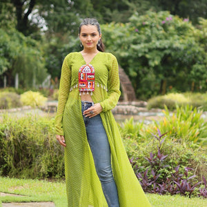 Green Faux Georgette Leheriya Print Kurti with Kutchi Patchwork