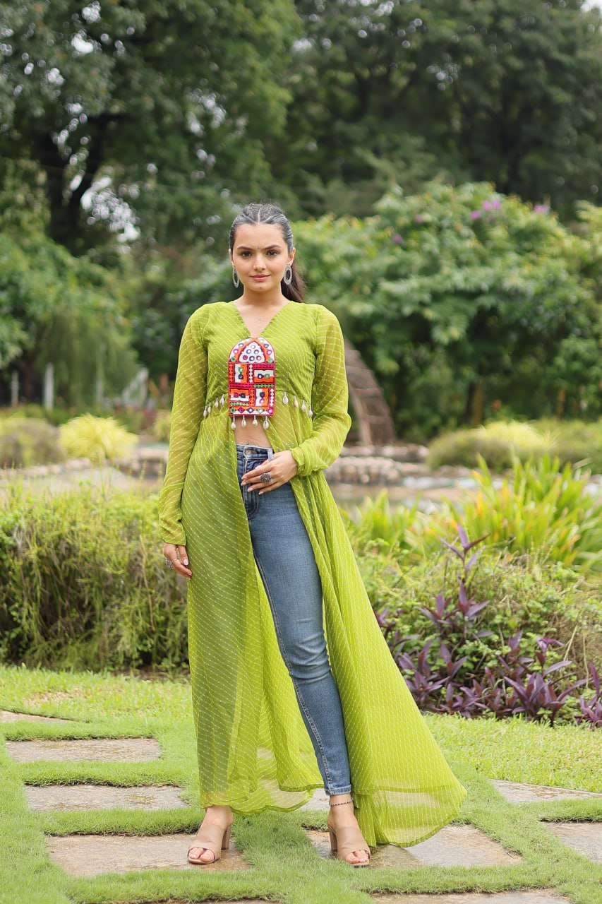 Green Faux Georgette Leheriya Print Kurti with Kutchi Patchwork