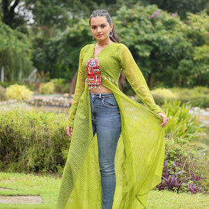 Green Faux Georgette Leheriya Print Kurti with Kutchi Patchwork