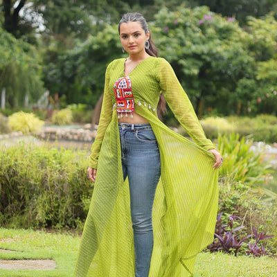 Green Faux Georgette Leheriya Print Kurti with Kutchi Patchwork