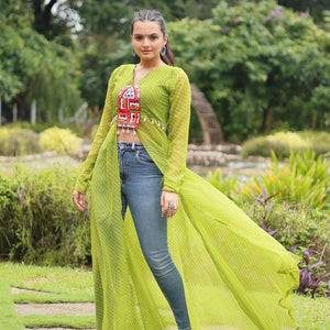 Green Faux Georgette Leheriya Print Kurti with Kutchi Patchwork