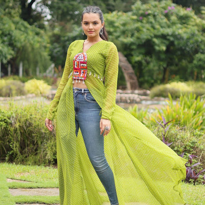 Green Faux Georgette Leheriya Print Kurti with Kutchi Patchwork