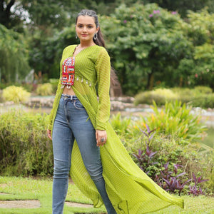 Green Faux Georgette Leheriya Print Kurti with Kutchi Patchwork