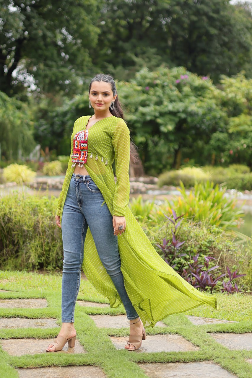 Green Faux Georgette Leheriya Print Kurti with Kutchi Patchwork