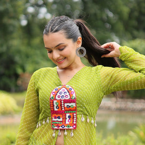 Green Faux Georgette Leheriya Print Kurti with Kutchi Patchwork