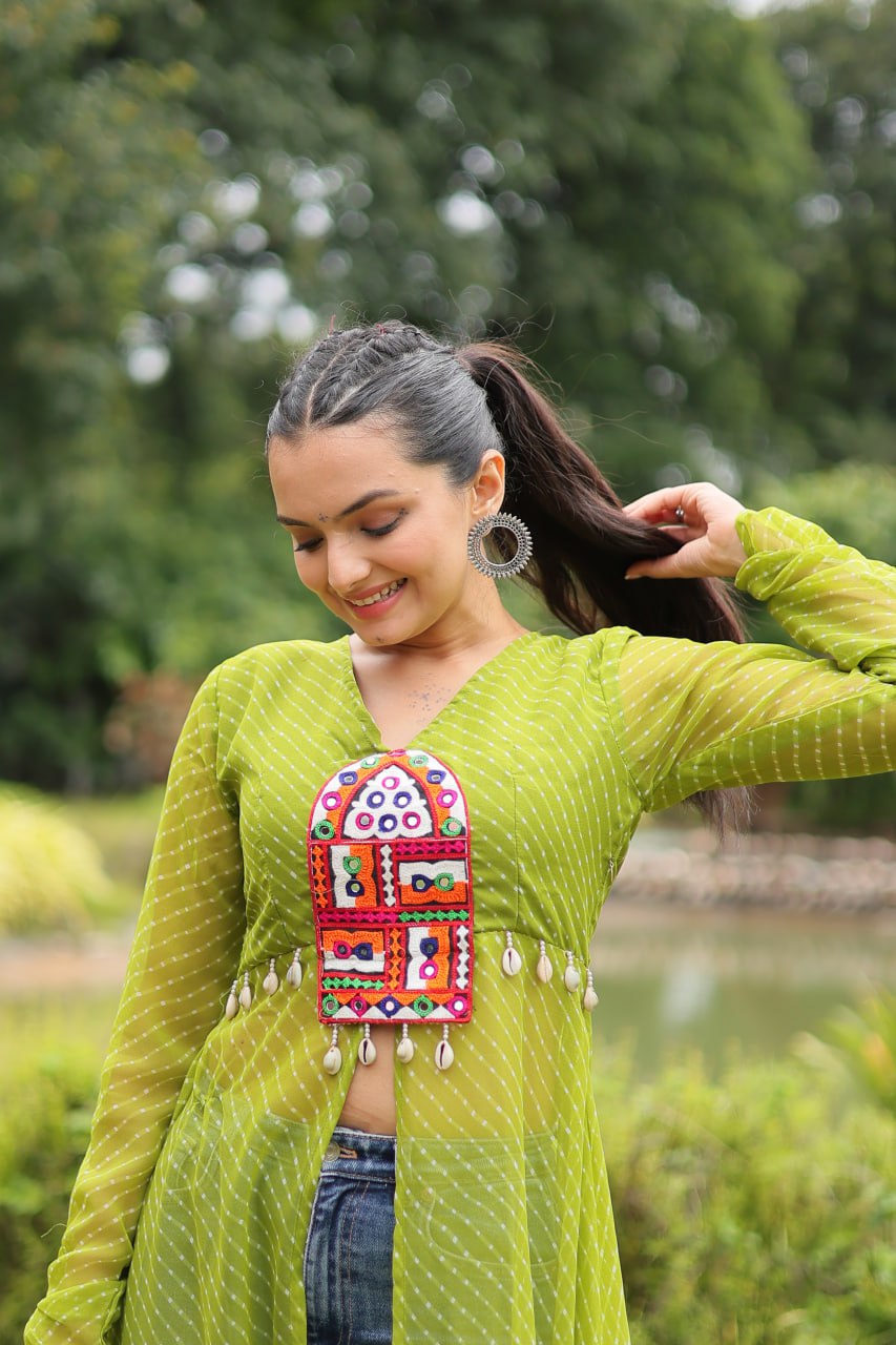 Green Faux Georgette Leheriya Print Kurti with Kutchi Patchwork