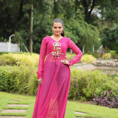 Magenta Faux Georgette Leheriya Print Kurti with Kutchi Patchwork