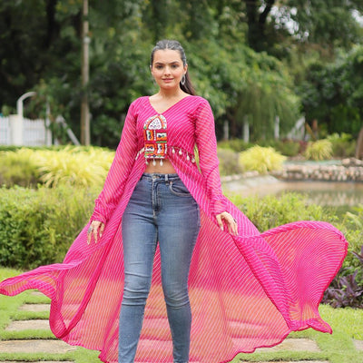 Magenta Faux Georgette Leheriya Print Kurti with Kutchi Patchwork