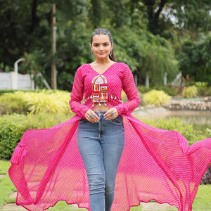 Magenta Faux Georgette Leheriya Print Kurti with Kutchi Patchwork