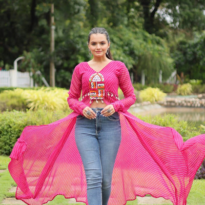 Magenta Faux Georgette Leheriya Print Kurti with Kutchi Patchwork