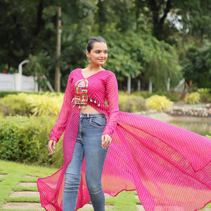 Magenta Faux Georgette Leheriya Print Kurti with Kutchi Patchwork