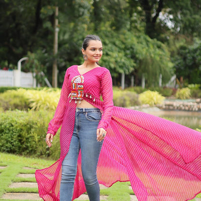 Magenta Faux Georgette Leheriya Print Kurti with Kutchi Patchwork