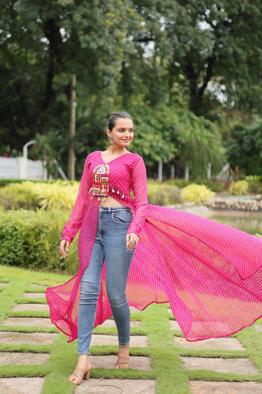 Magenta Faux Georgette Leheriya Print Kurti with Kutchi Patchwork