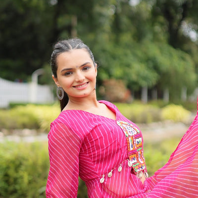 Magenta Faux Georgette Leheriya Print Kurti with Kutchi Patchwork