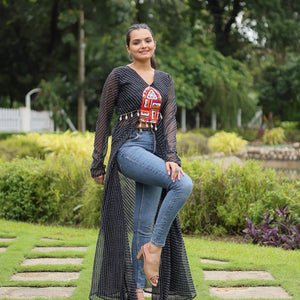 Black Faux Georgette Leheriya Print Kurti with Kutchi Patchwork