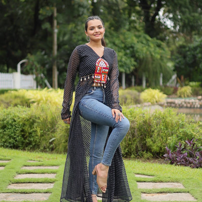 Black Faux Georgette Leheriya Print Kurti with Kutchi Patchwork