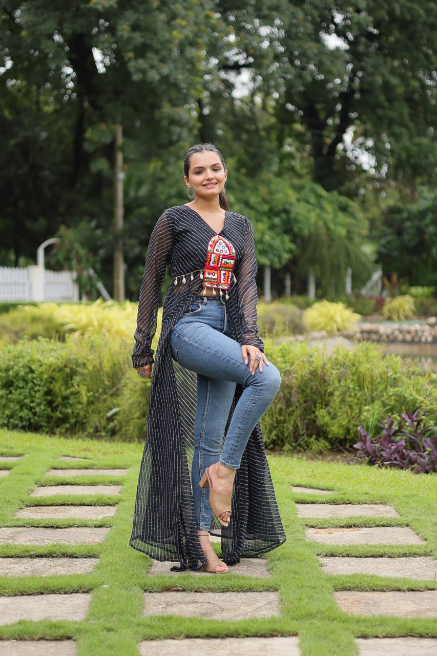 Black Faux Georgette Leheriya Print Kurti with Kutchi Patchwork