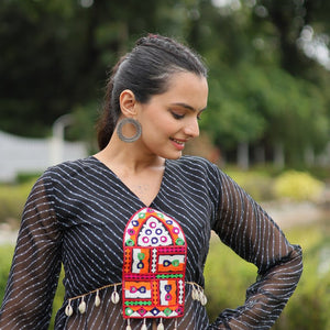 Black Faux Georgette Leheriya Print Kurti with Kutchi Patchwork