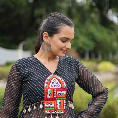 Black Faux Georgette Leheriya Print Kurti with Kutchi Patchwork