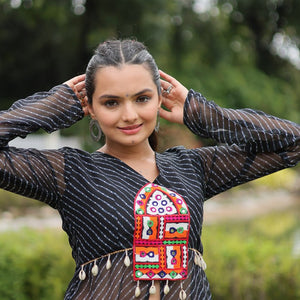 Black Faux Georgette Leheriya Print Kurti with Kutchi Patchwork