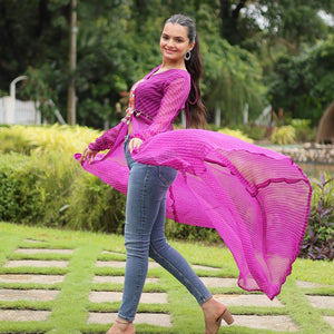 Purple Faux Georgette Leheriya Print Kurti with Kutchi Patchwork