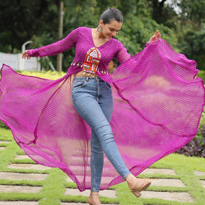 Purple Faux Georgette Leheriya Print Kurti with Kutchi Patchwork