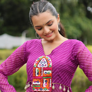 Purple Faux Georgette Leheriya Print Kurti with Kutchi Patchwork